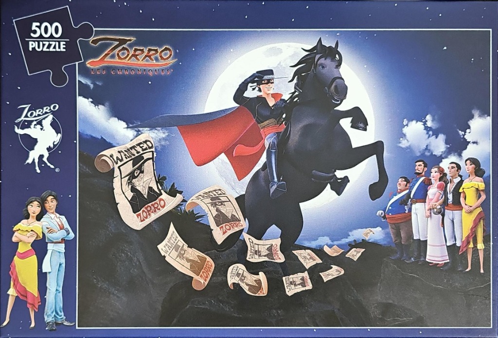 Animated Zorro riding a black horse against a full moon with wanted posters floating in the air.