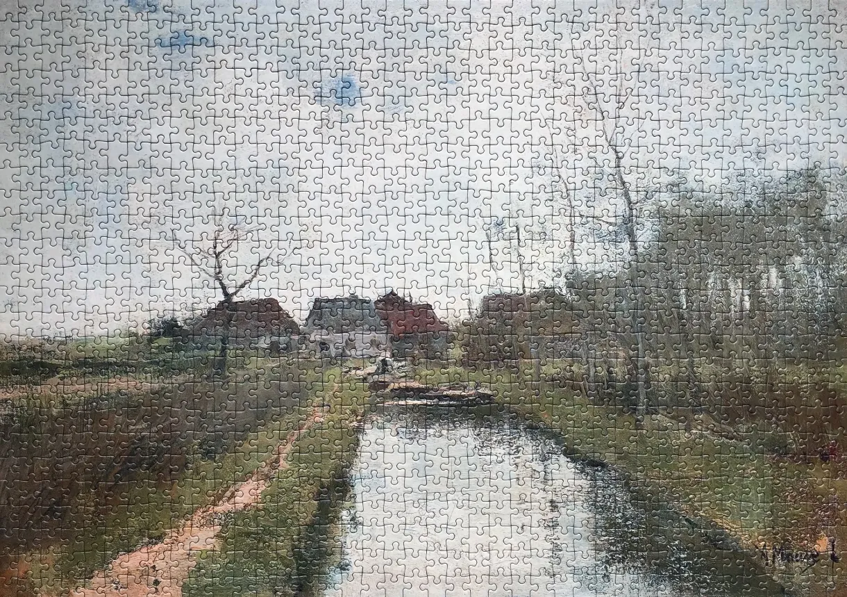 Impressionist oil painting of a canal path leading toward rustic cottages under a pale, overcast sky.