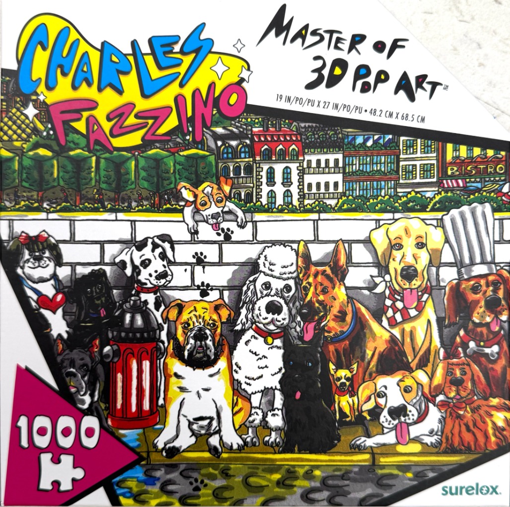 A whimsical 3D-style pop art illustration featuring a group of diverse dogs gathered on a city sidewalk.