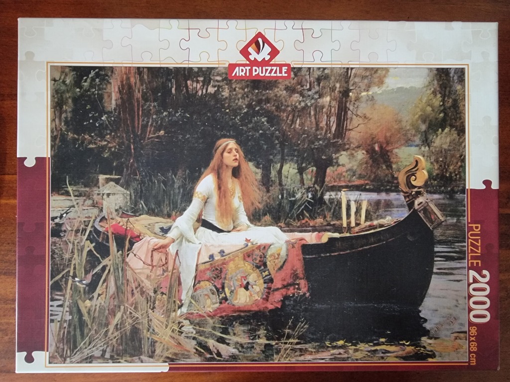 Painting of a long-haired woman in a white dress seated in a black boat on a riverbank.