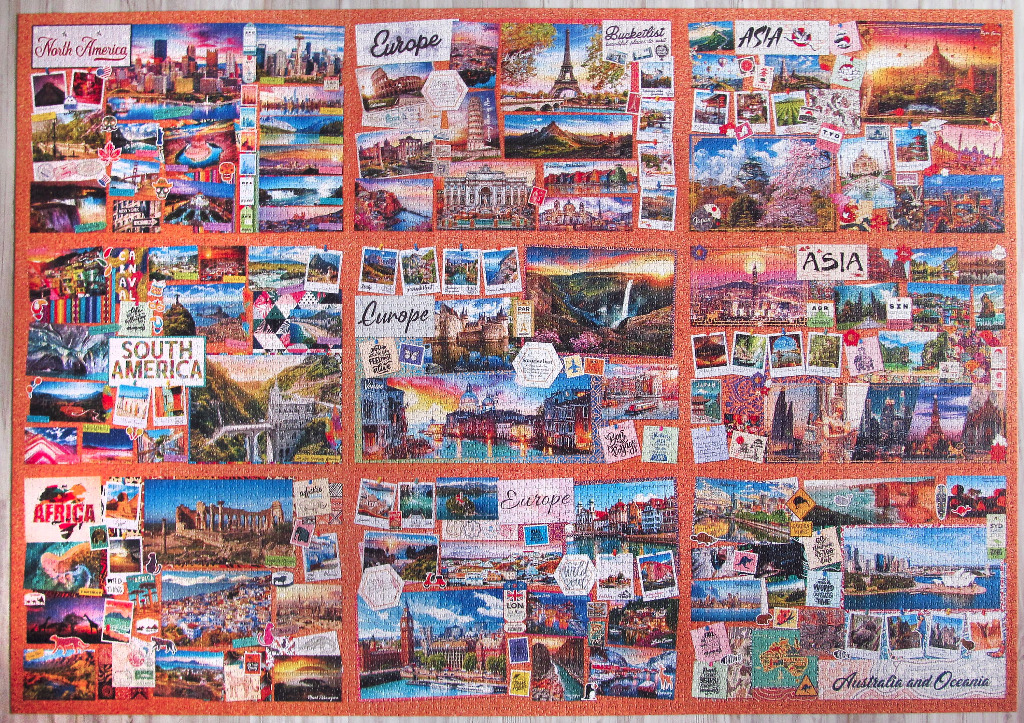 A collage of travel photographs and landmarks from around the world on an orange background.
