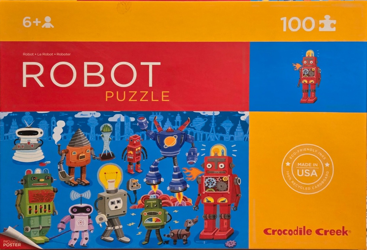 Colorful cartoon illustration of a variety of robots in a futuristic cityscape.