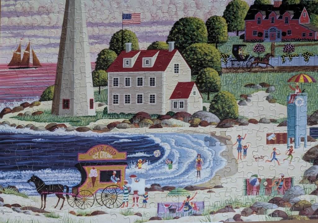 A nostalgic folk art scene of a beach with a lighthouse, horse-drawn ice cream wagon, and Victorian-style beachgoers.