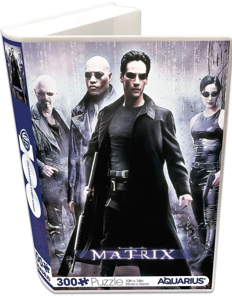 Four main characters from The Matrix standing together in dark trench coats and sunglasses against a digital rain backdrop.