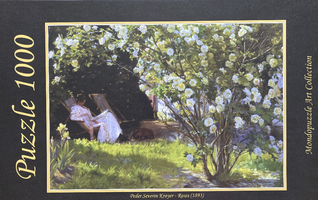 An impressionist painting by Peder Severin Krøyer showing a woman reading under a white rose bush in a garden.