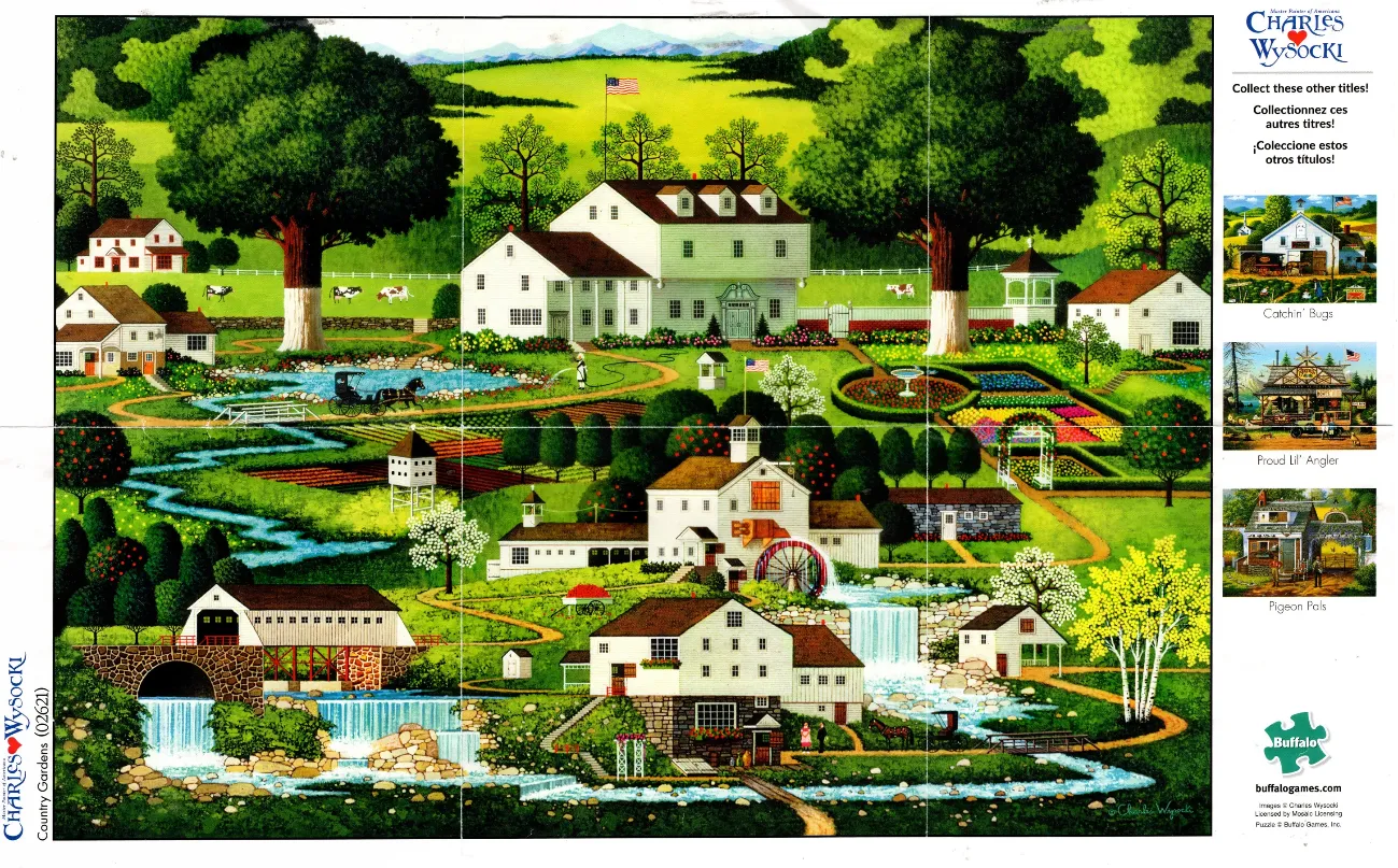 An idyllic rural landscape featuring a series of white houses, a water wheel, waterfalls, and vibrant green gardens.