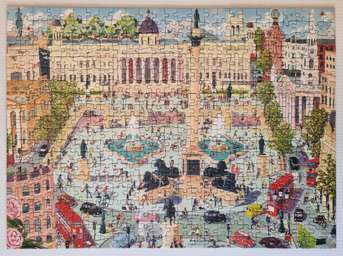 A whimsical illustration of Trafalgar Square in London featuring The National Gallery, Nelson’s Column, and busy crowds.