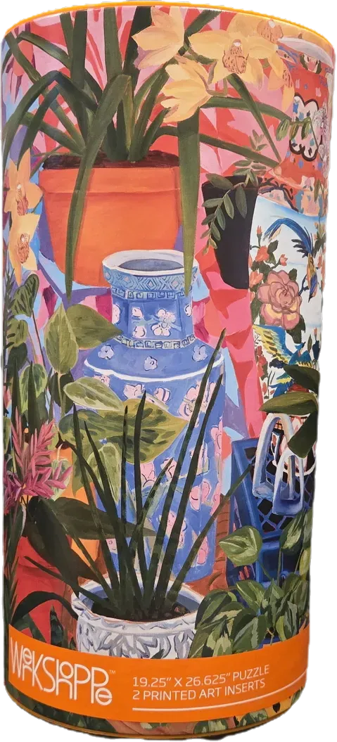 An illustration of potted plants, a blue-and-white porcelain vase, and floral patterned fabric.