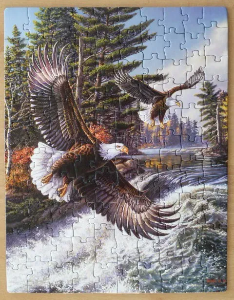 Two bald eagles in flight over a turbulent river surrounded by pine forest in an autumnal setting.