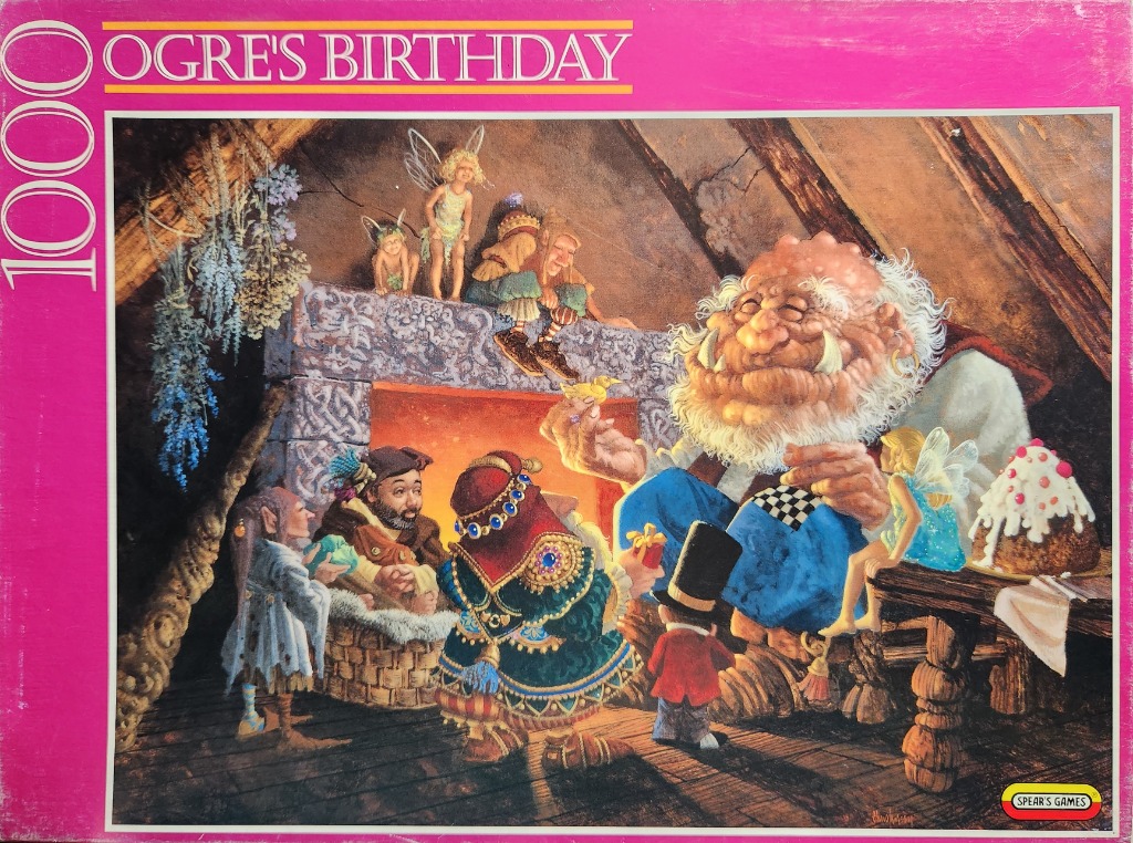 Fantasy illustration of a large ogre receiving gifts from small magical creatures inside a rustic cabin.