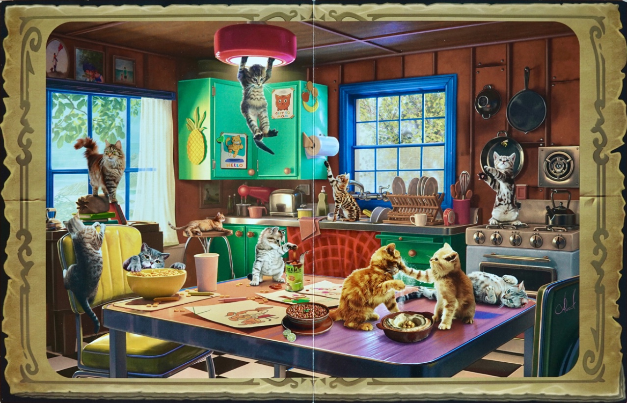 A chaotic, sunlit kitchen filled with many playful kittens on counters and a dining table.