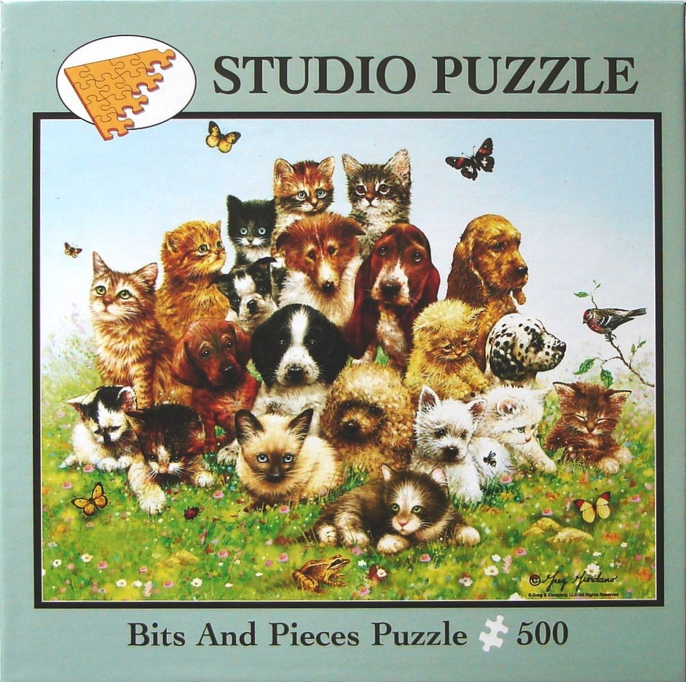 A group of diverse kittens and puppies gathered together in a sunlit meadow with butterflies.