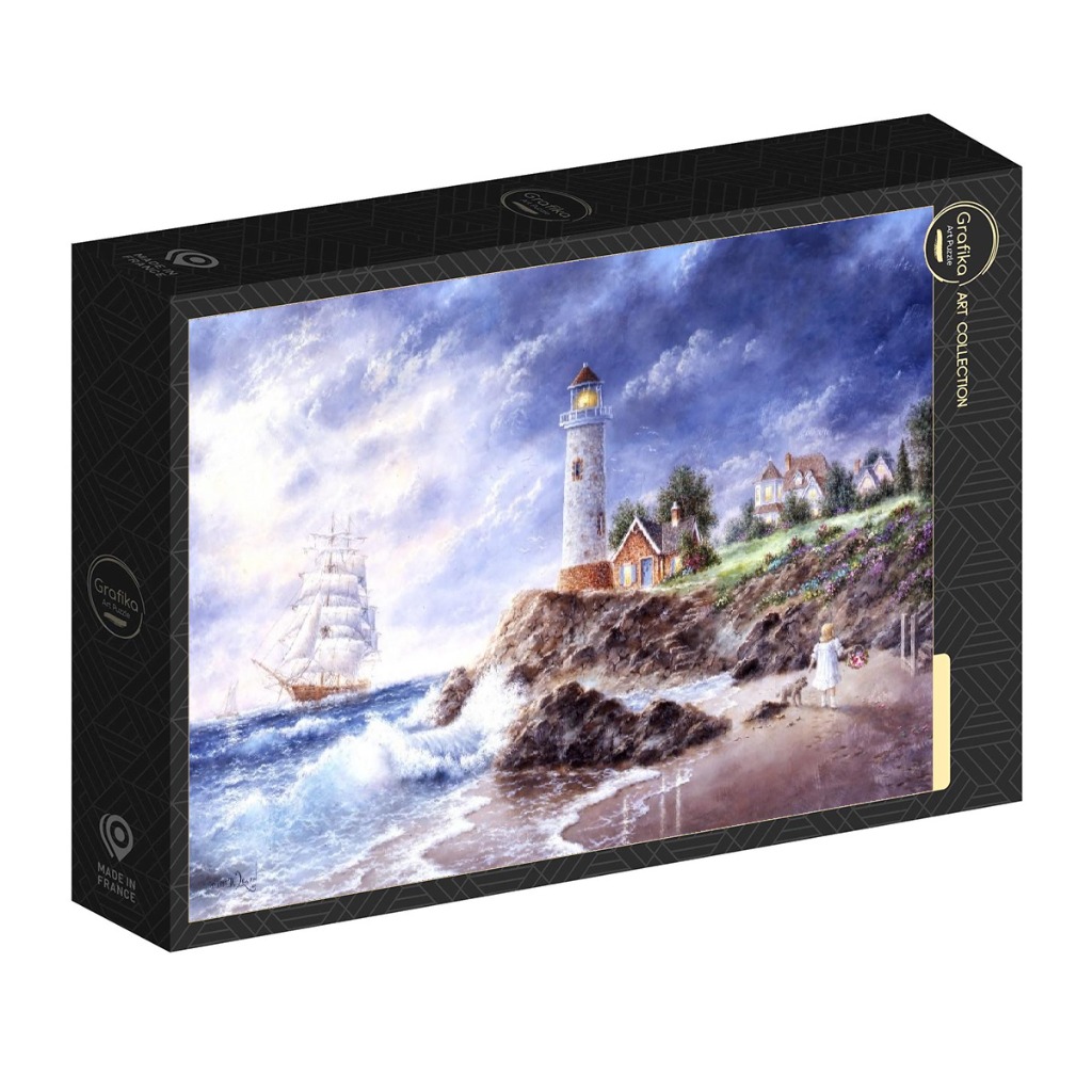 Painting of a lighthouse on a rocky cliff with a sailing ship at sea and a child walking on the beach.