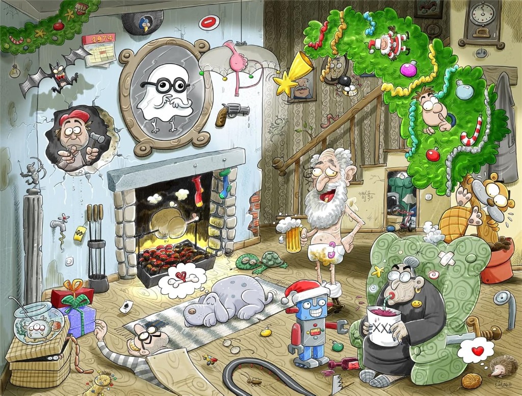 A chaotic, cartoon-style living room scene featuring an elderly man, a grandmother, and various whimsical creatures.