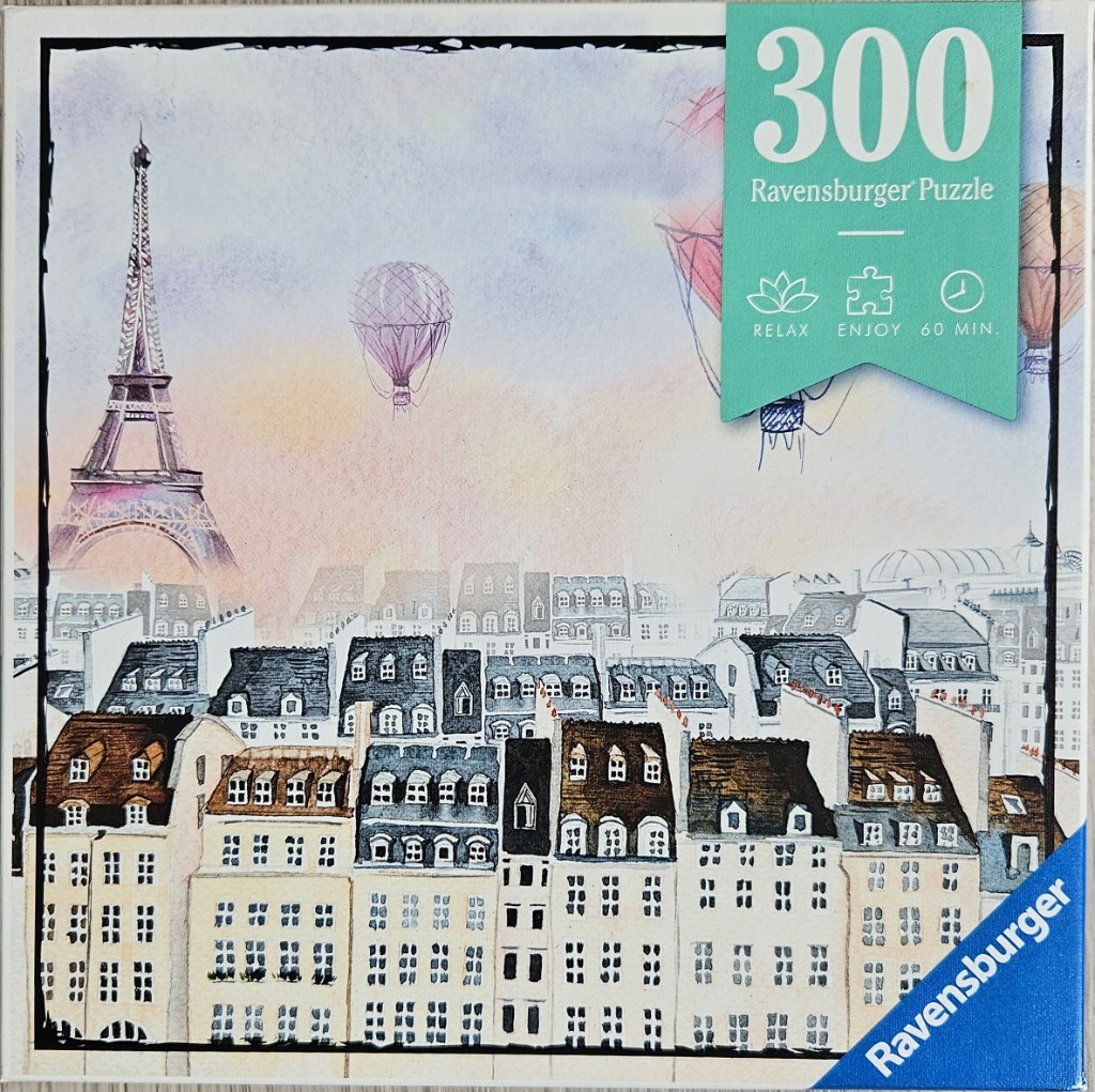 Watercolor illustration of the Eiffel Tower and Parisian rooftops with hot air balloons in a soft, hazy sky.