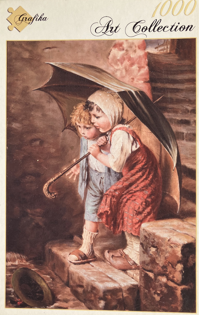 A vintage-style oil painting of a young girl and boy huddled together under a large dark umbrella on stone steps.