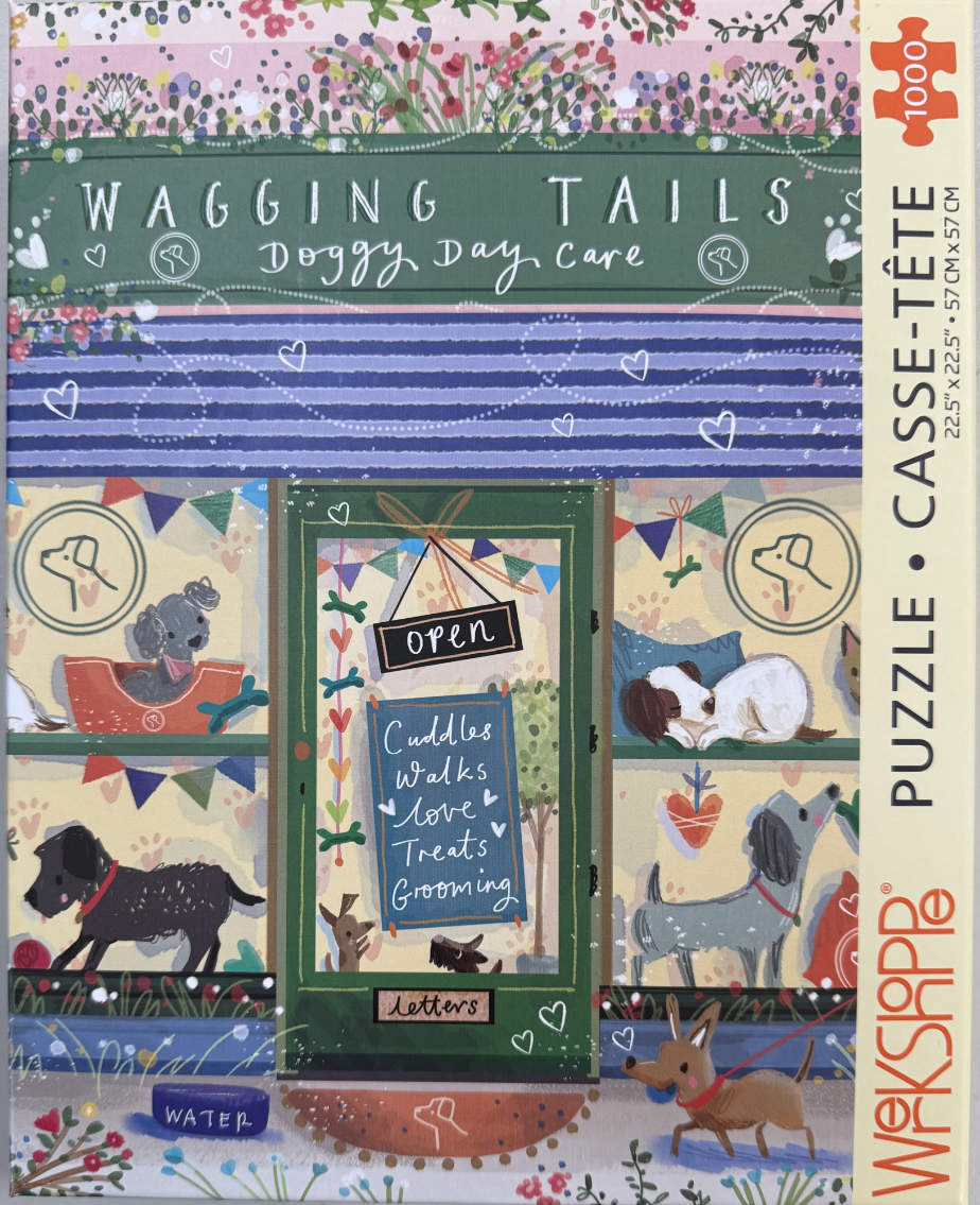 Illustration of a storefront for Wagging Tails Doggy Day Care featuring various dogs and playful decorations.
