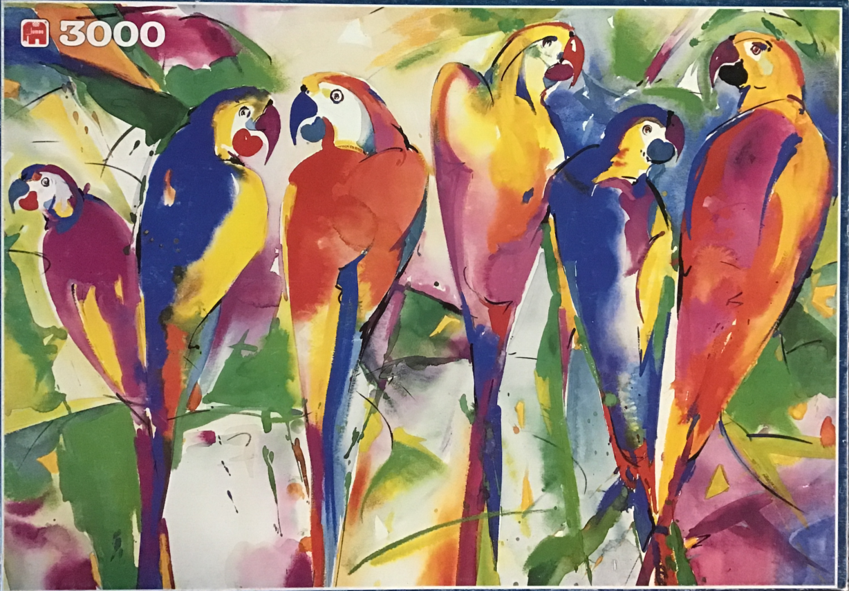 Watercolor painting of six colorful macaws in a tropical setting