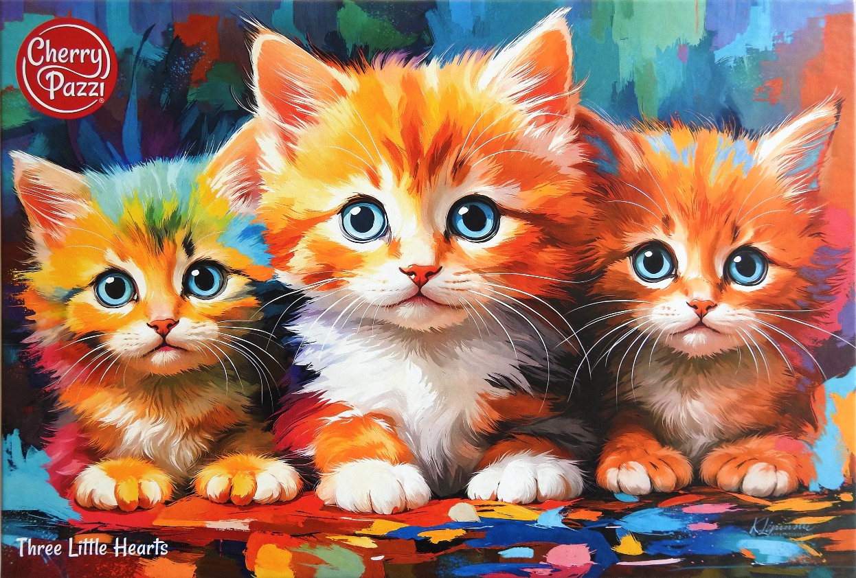A vibrant oil-style painting of three fluffy orange tabby kittens sitting side-by-side against an abstract background.