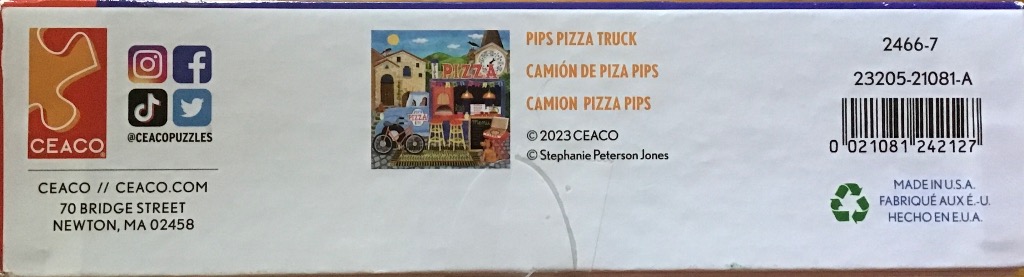 Collage art of a blue pizza truck in a European-style village with yellow stools and a clock tower.