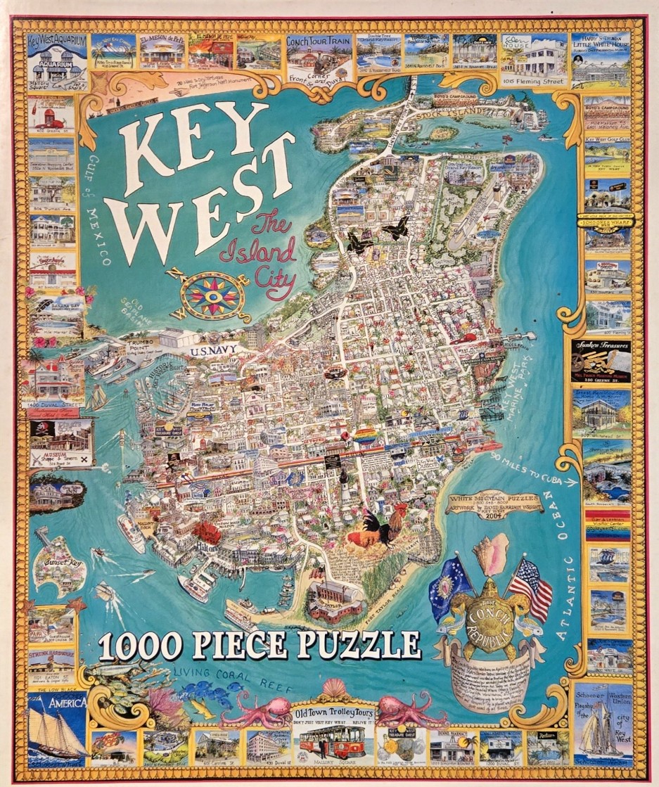 Illustrated pictorial map of Key West, Florida, surrounded by a border of small vignettes of local landmarks.