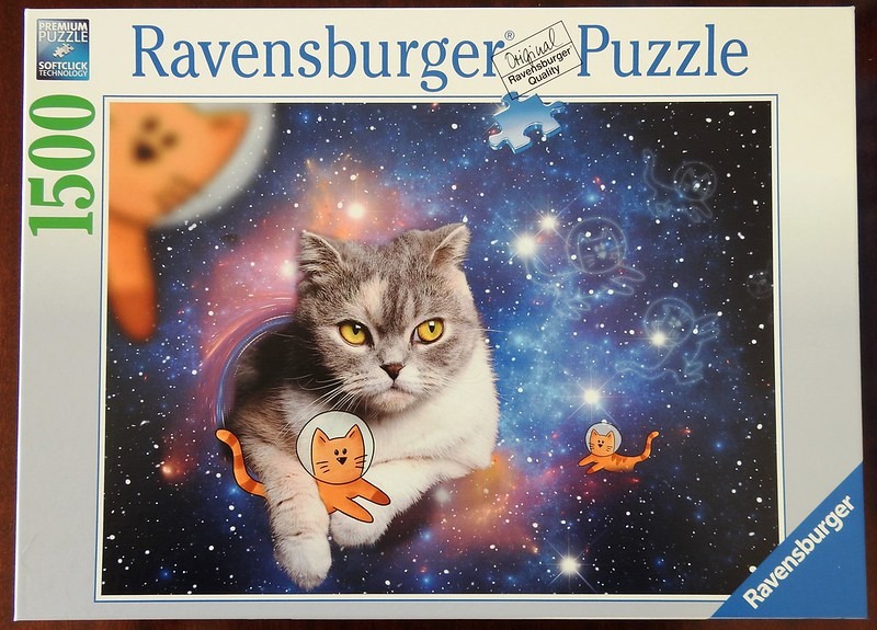 A realistic cat with amber eyes floating in outer space among cartoon-style cats in space suits.