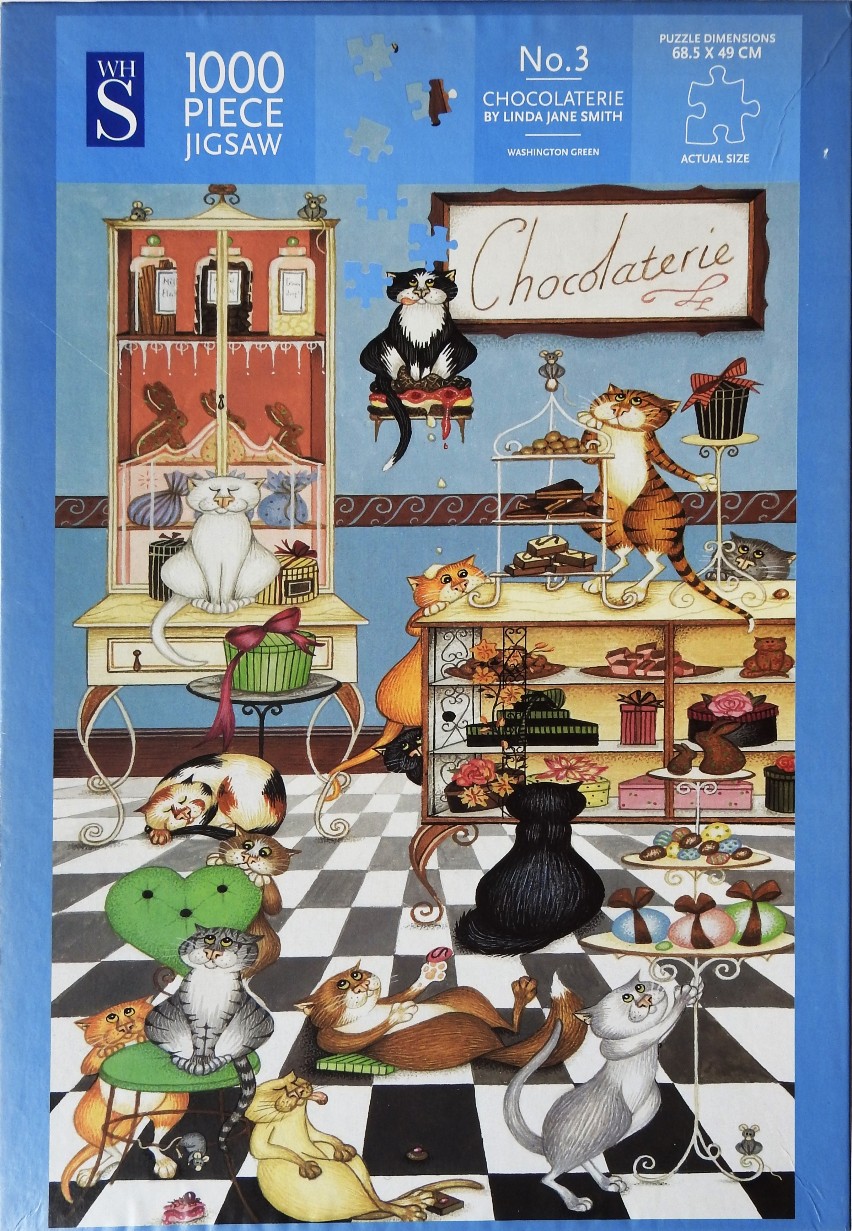 Whimsical illustration of numerous cats interacting with chocolates and sweets in a bakery setting.