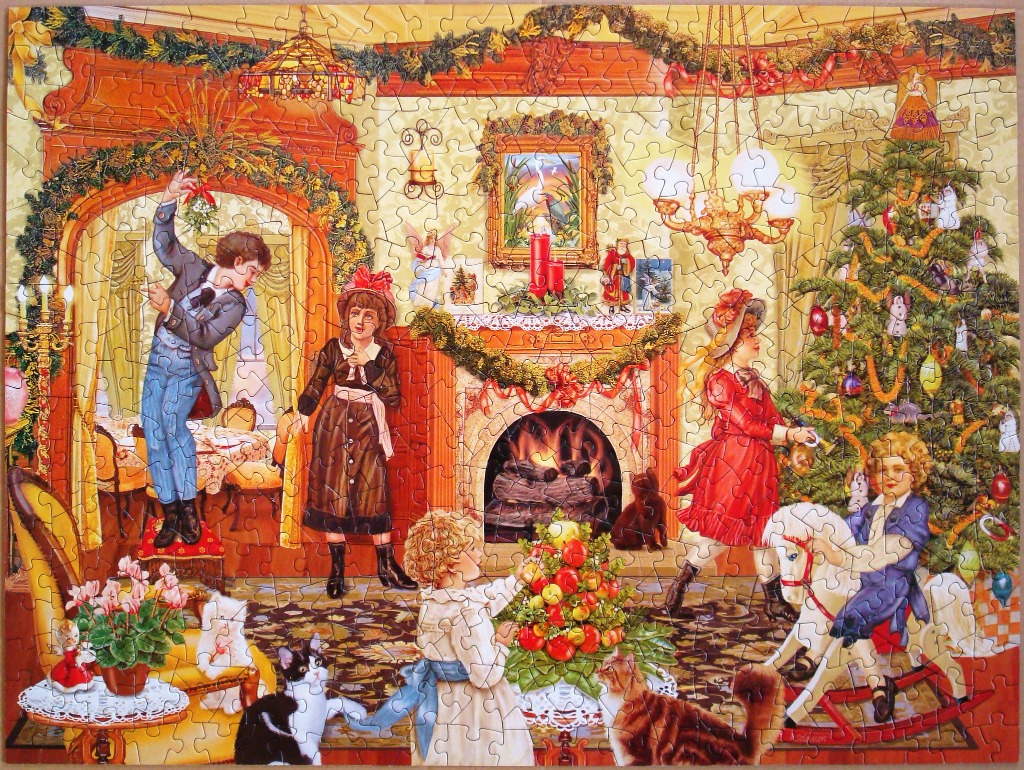 Victorian-era children celebrating Christmas in a cozy, decorated living room with a fireplace and tree.