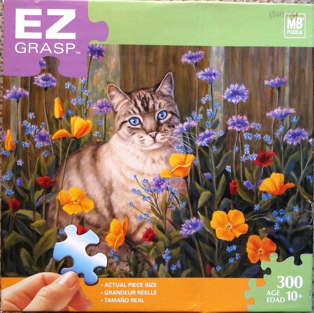A tabby cat with striking blue eyes sits surrounded by orange poppies and purple wildflowers.
