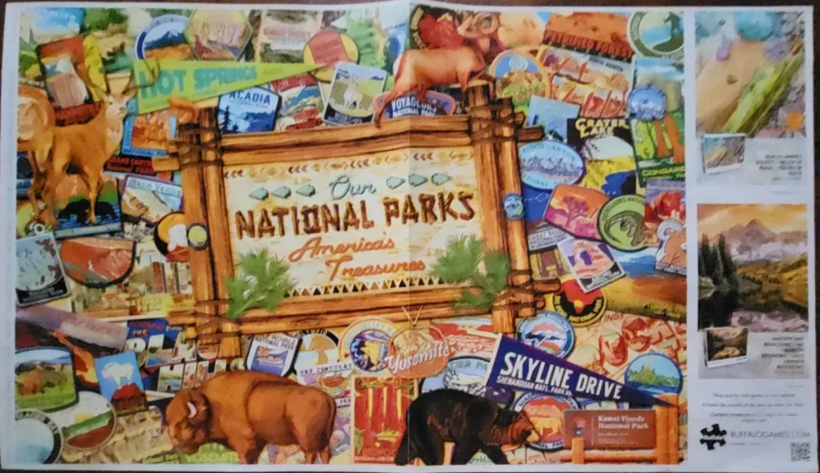 A collage of vintage-style National Park travel stickers and illustrations centered on a wooden sign.