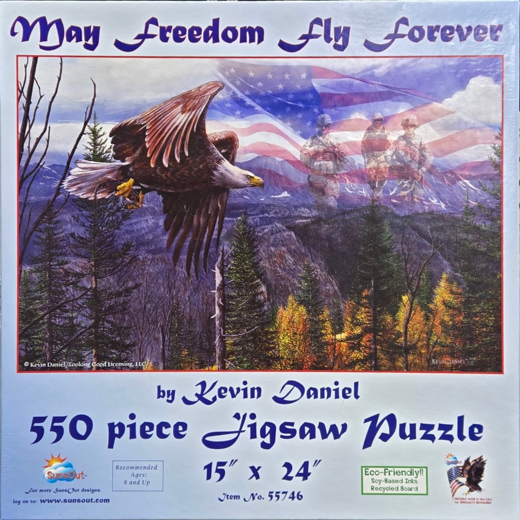 A bald eagle in flight over a mountain forest with a ghostly American flag and soldiers in the background.