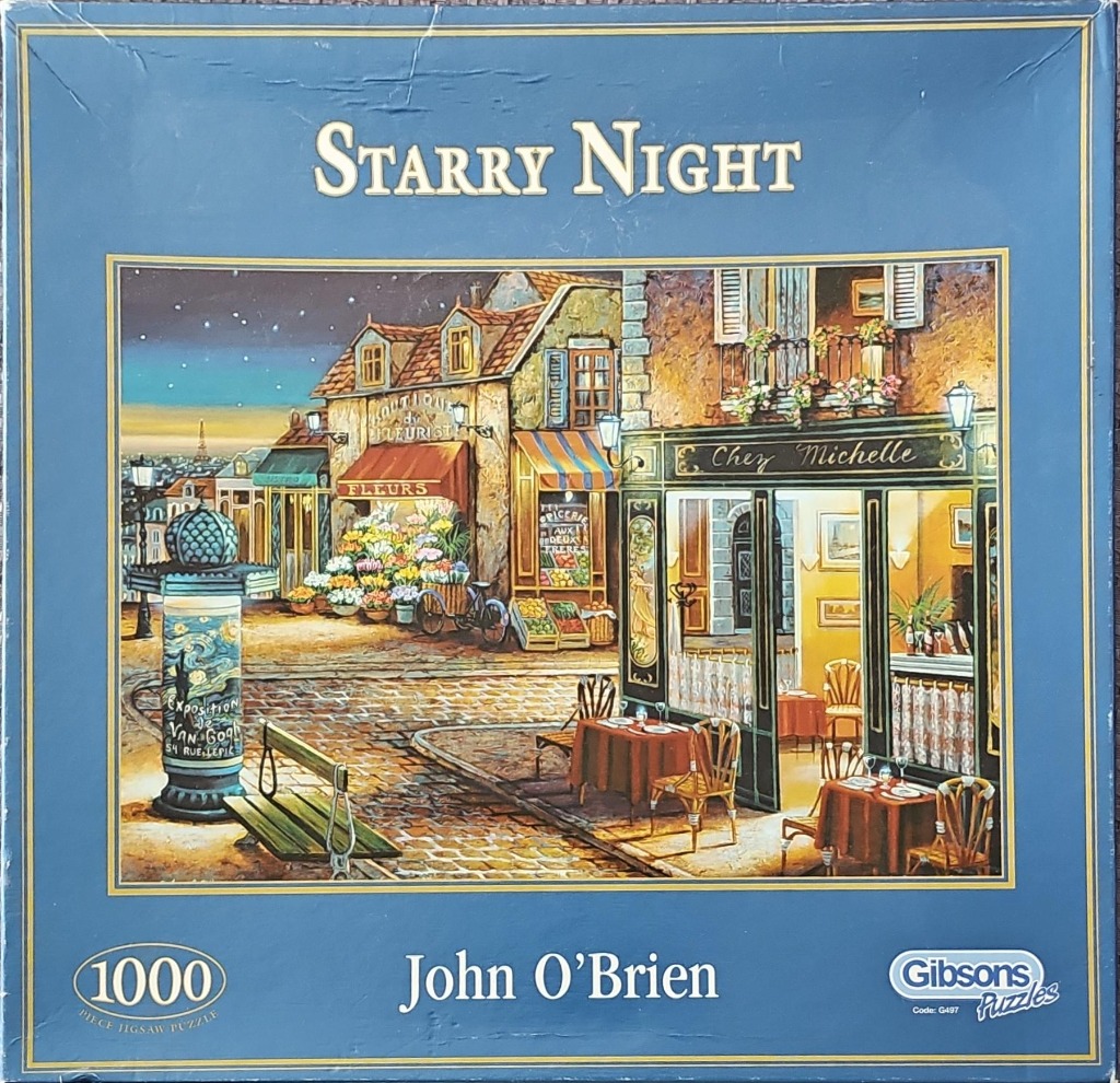 A charming Parisian street scene at night featuring a flower shop, a cafe, and a cobblestone street.