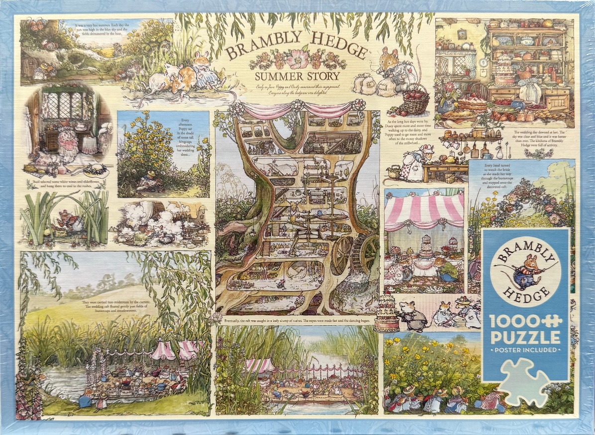 Illustration montage of mice in a woodland setting, titled Brambly Hedge Summer Story.