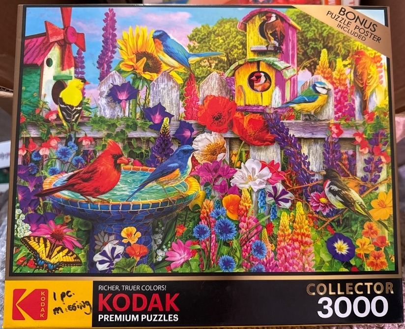 A vibrant garden scene featuring colorful birds, birdhouses, and various blooming flowers.