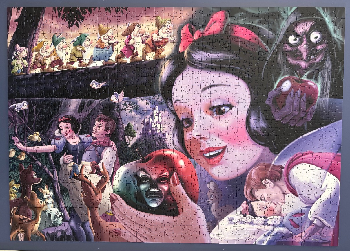 A cinematic collage of Snow White and the Seven Dwarfs with the Queen and Prince.