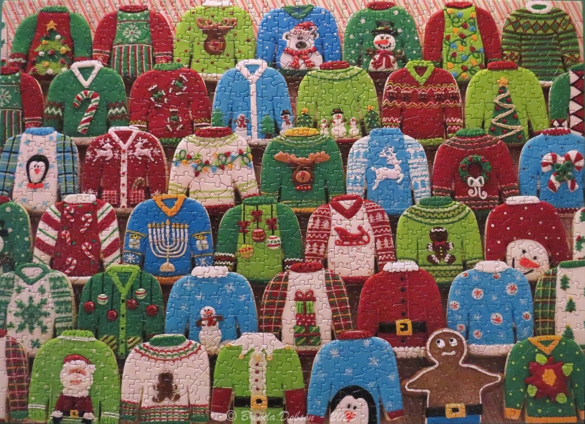 A collection of colorful festive holiday sweaters featuring various seasonal patterns and icons.