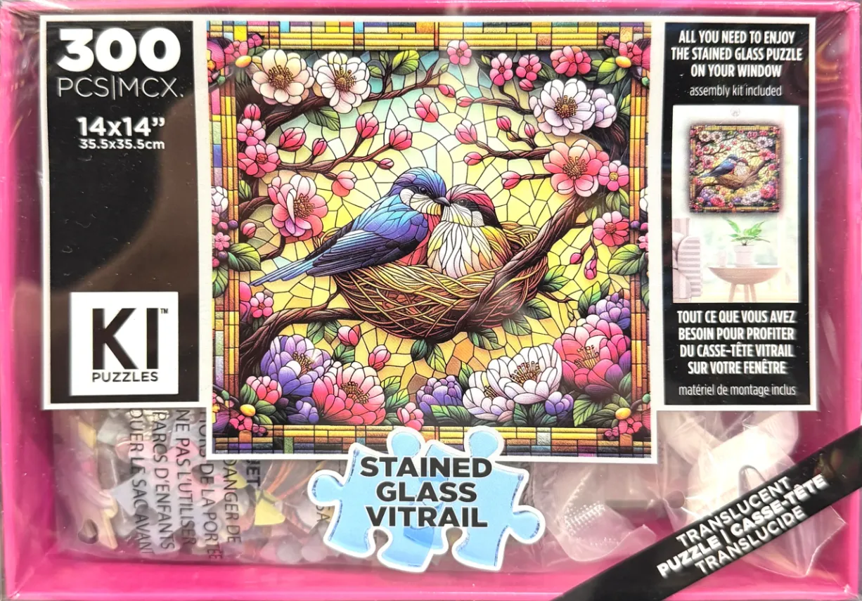 Stained glass style illustration of two birds huddled together in a nest surrounded by colorful flowers.