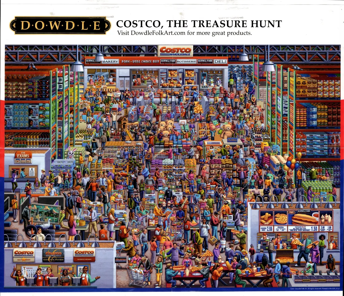 A crowded illustration of a large warehouse wholesale store interior filled with shoppers and merchandise.
