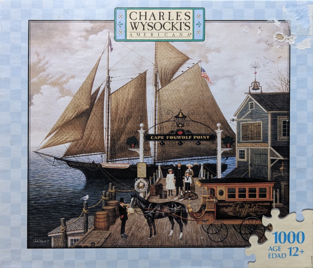 An Americana-style painting of a historic schooner docked at a wooden pier with a horse-drawn carriage in the foreground.