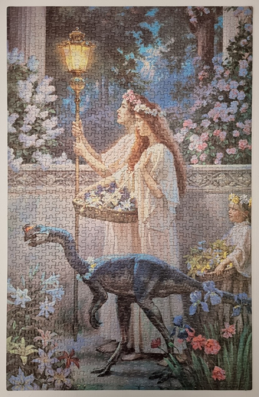 A surreal painting of two women and a young girl gathering flowers in a garden, accompanied by a feathered dinosaur.