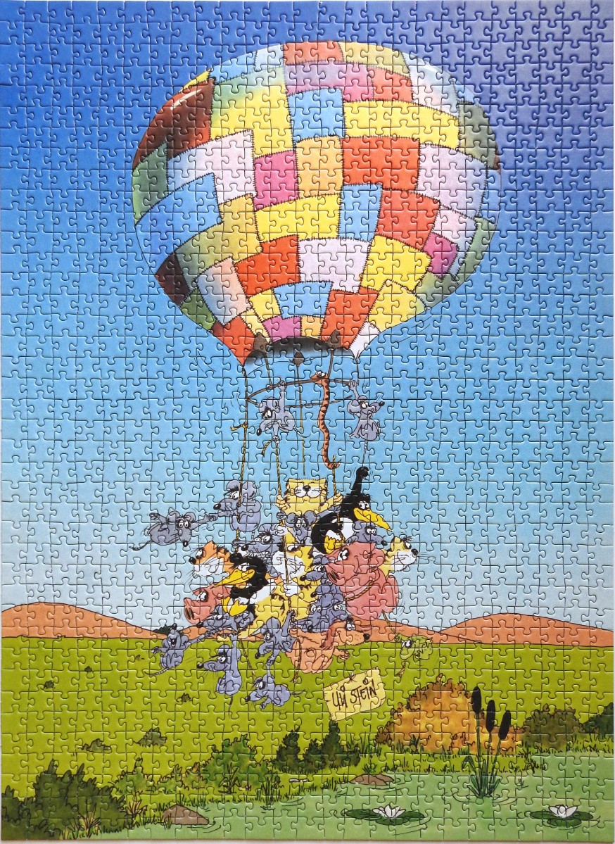 A whimsical illustration of a patchwork hot air balloon carrying a chaotic group of cartoon animals over a landscape.