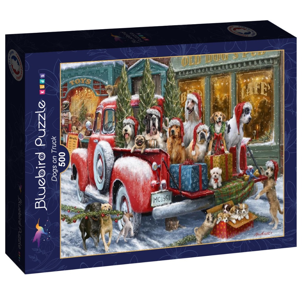 A red vintage truck loaded with Christmas presents and many dogs wearing Santa hats in front of a snowy pub.