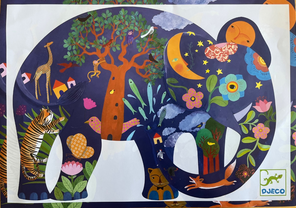 An illustrated dark blue elephant silhouette filled with colorful jungle animals, plants, and celestial shapes.