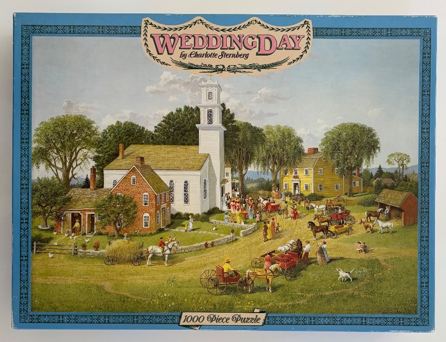 A detailed Americana-style painting of a 19th-century wedding scene in front of a white church and a yellow house.