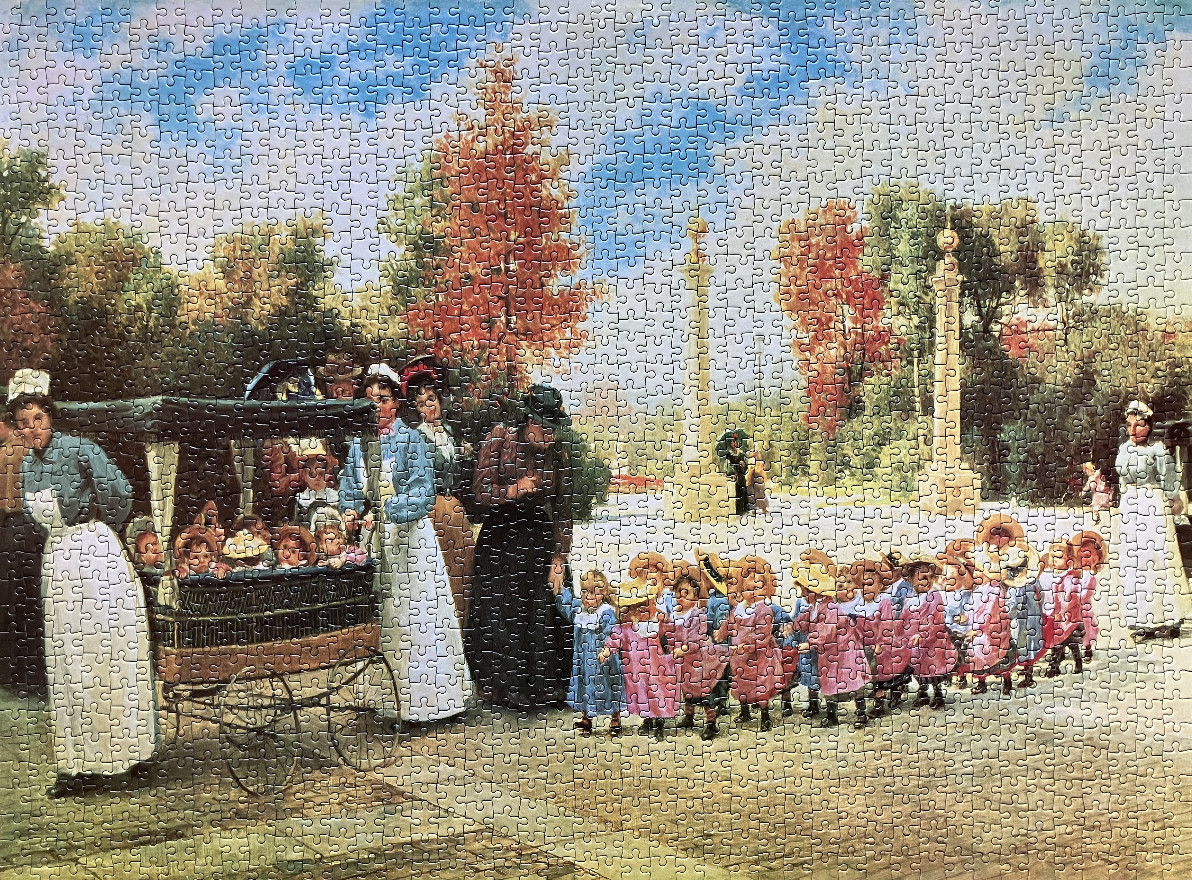 A Victorian-era painting of nurses leading a large group of children in a park during autumn.