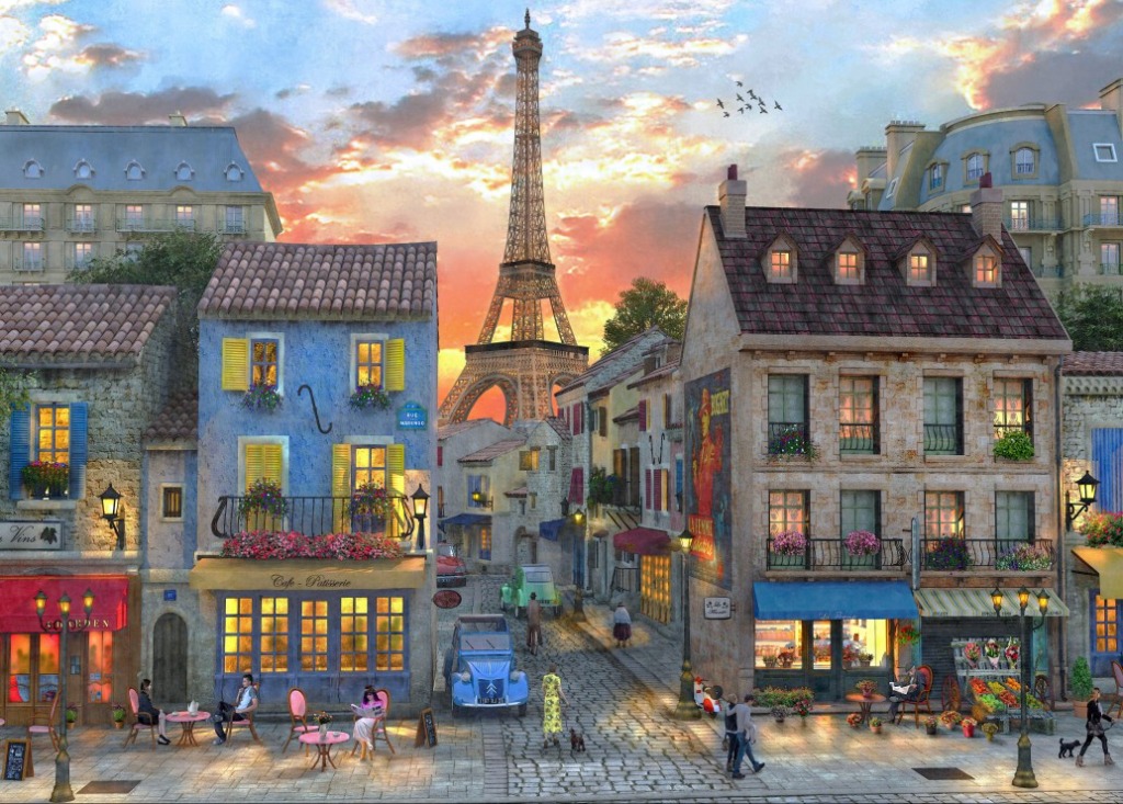 A charming Parisian street scene with the Eiffel Tower in the background at sunset.