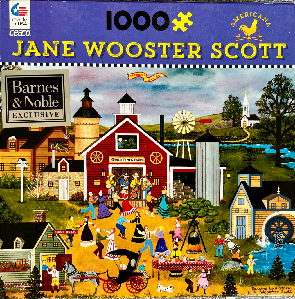 Folk art scene of a rural farm social gathering featuring a red barn, dancing figures, and a water mill.