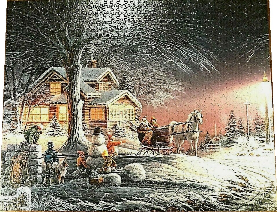 A nostalgic winter night scene with a snow-covered cabin, a horse-drawn sleigh, and children playing in the snow.