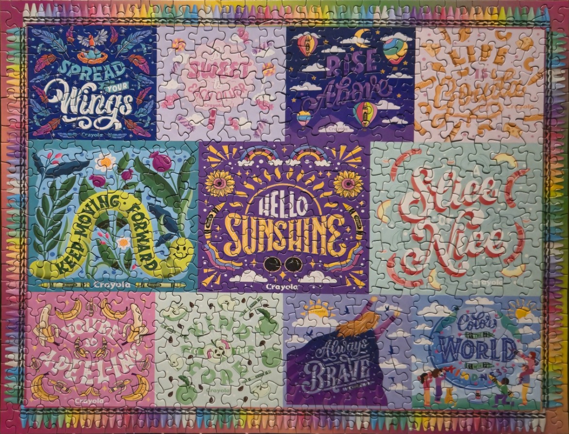 A collage of twelve colorful inspirational graphic designs surrounded by a border of rainbow-colored crayons.