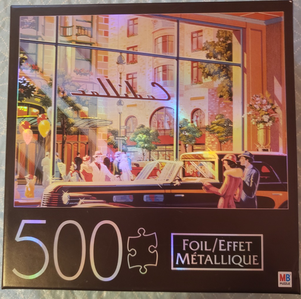 An illustration of a classic car parked outside a shop window with people in 1940s-style clothing.